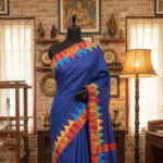 Handloom Saree with Gamcha Appliqué – Blue Base