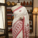 Gujarati Stitch Pure Handloom Saree – White with Red