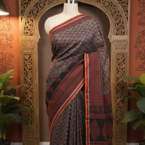 Ajrakh Printed Chanderi Silk Saree – Deep Chocolate