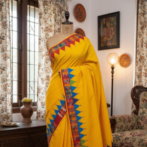Handloom Saree with Gamcha Appliqué – Yellow Base