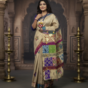 Ghicha Tussar Saree with Hand-stitched Appliqué and Kantha Work