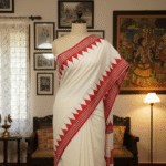 Handloom Saree with Gamcha Appliqué – White Base