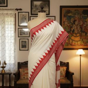 Handloom Saree with Gamcha Appliqué – White Base