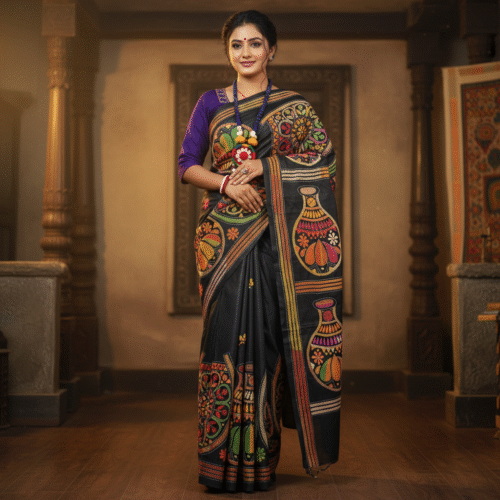 Black Bangalore Silk Saree with Multicolour Kantha Work Motifs
