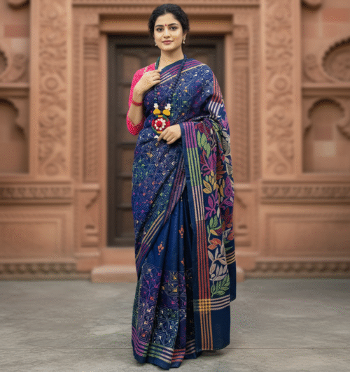 Blue Bangalore Silk Saree with Modern Designed Multicolour Kantha Hand Stitch